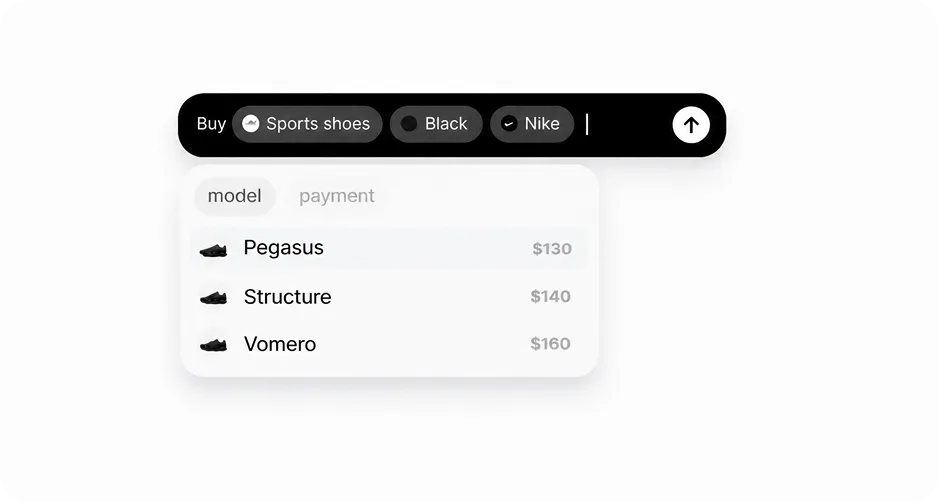 A text box reading Buy with selected suggestion chips for Sports shoes, Black, and Nike, and a dropdown suggesting shoe models Pegasus at $130, Structure at $140, and Vomero at $160